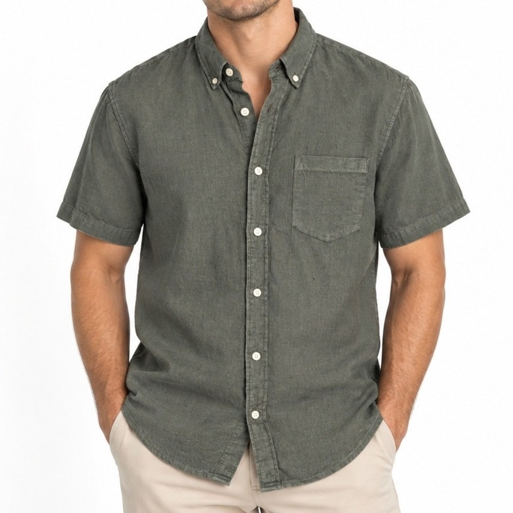 J.Crew Shirt Mens M Olive Green Linen Cotton AL188 Short Sleeve Button Down